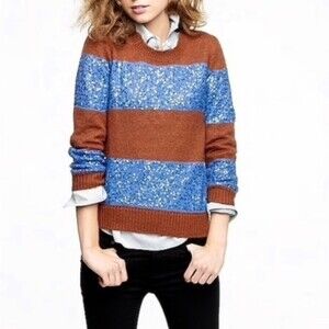 J. Crew Brown Sweater Blue Sequin Stripe Wool Mohair Blend Sweater Size XS